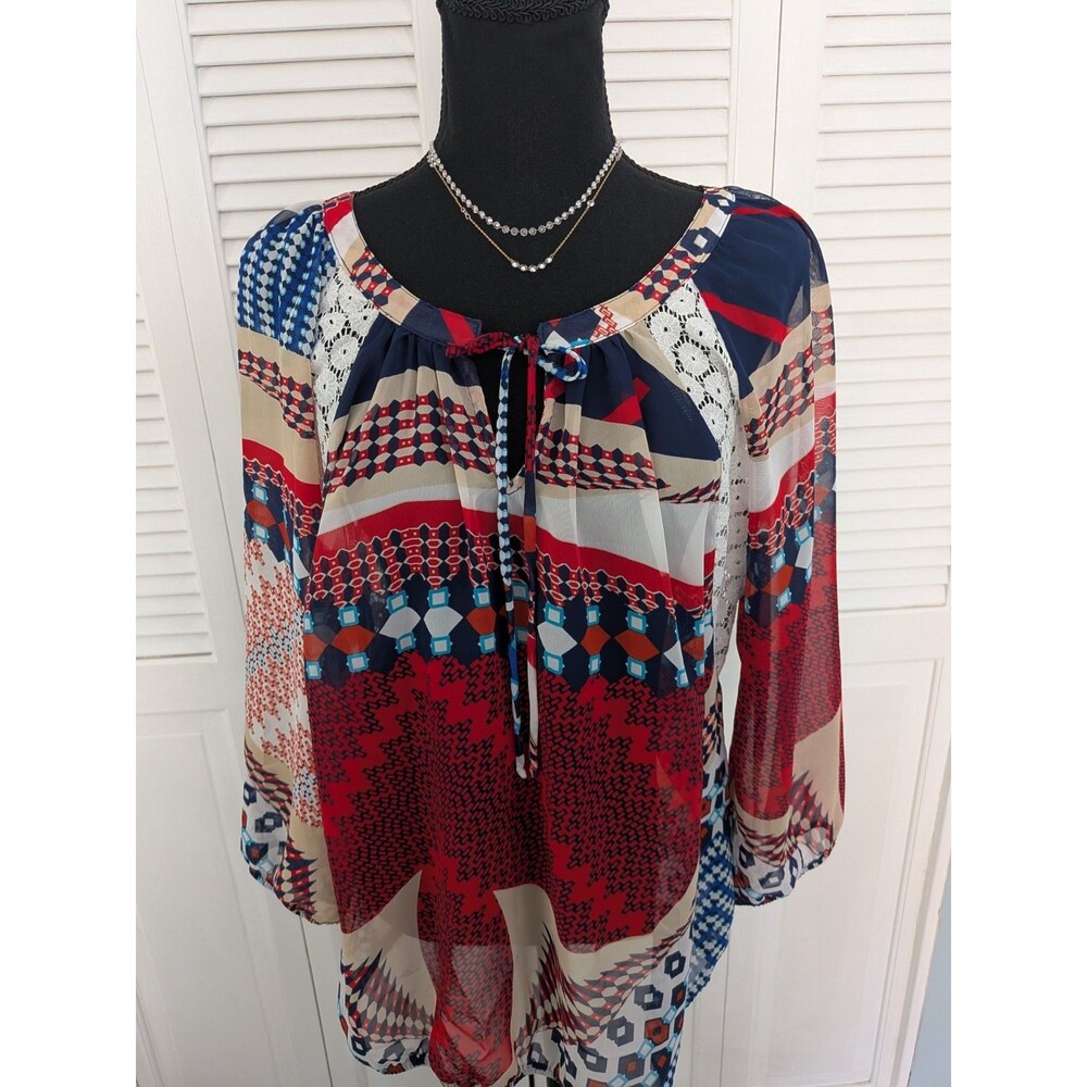 Fig & Flower Boho Peasant Blouse Women's L Red Mixed Print Sheer Top Maximalist